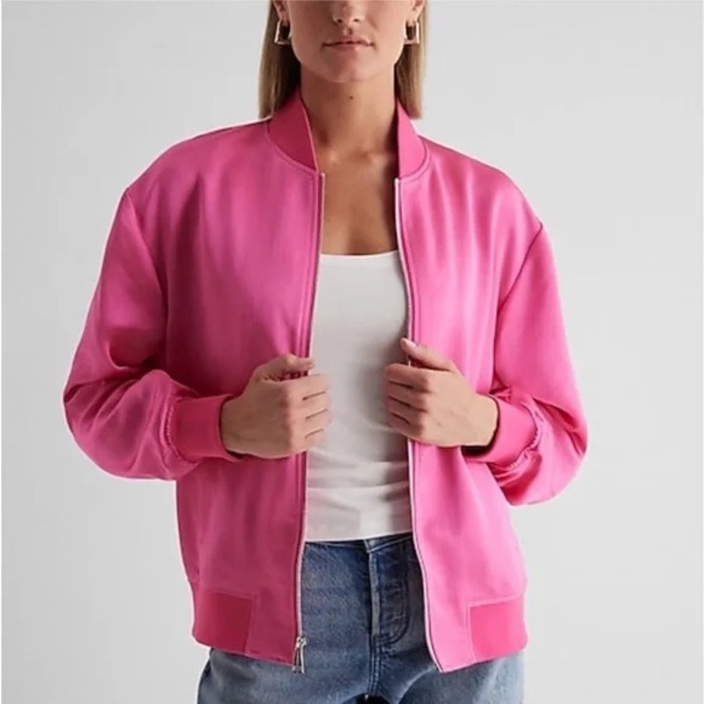 Express Vibrant Pink Bomber Jacket • Ruched Sleeves • Size XL